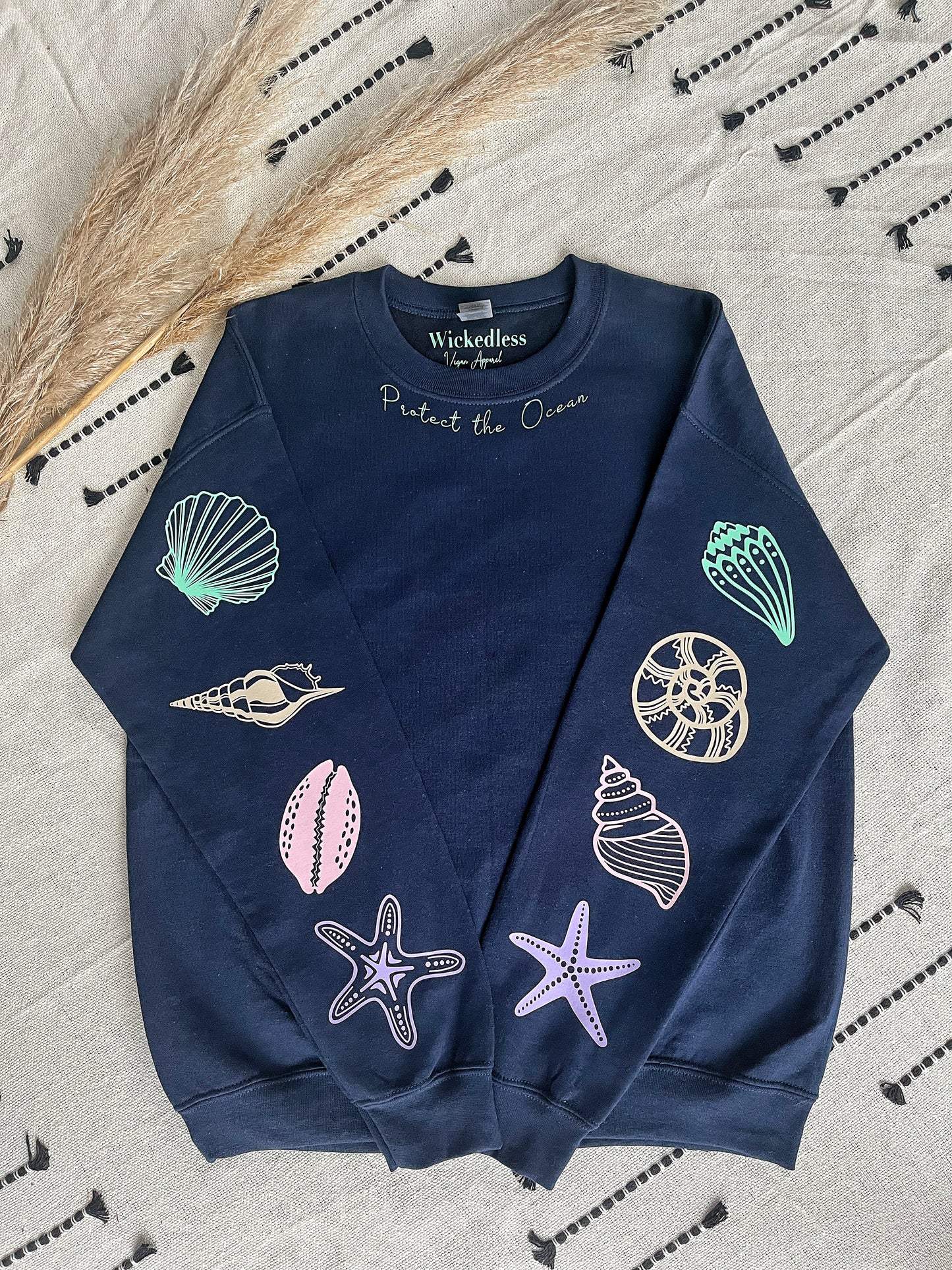 "Protect the Ocean" Shell Sleeves Navy Sweatshirt