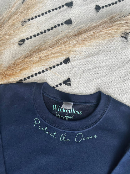 "Protect the Ocean" Shell Sleeves Navy Sweatshirt