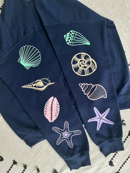 "Protect the Ocean" Shell Sleeves Navy Sweatshirt