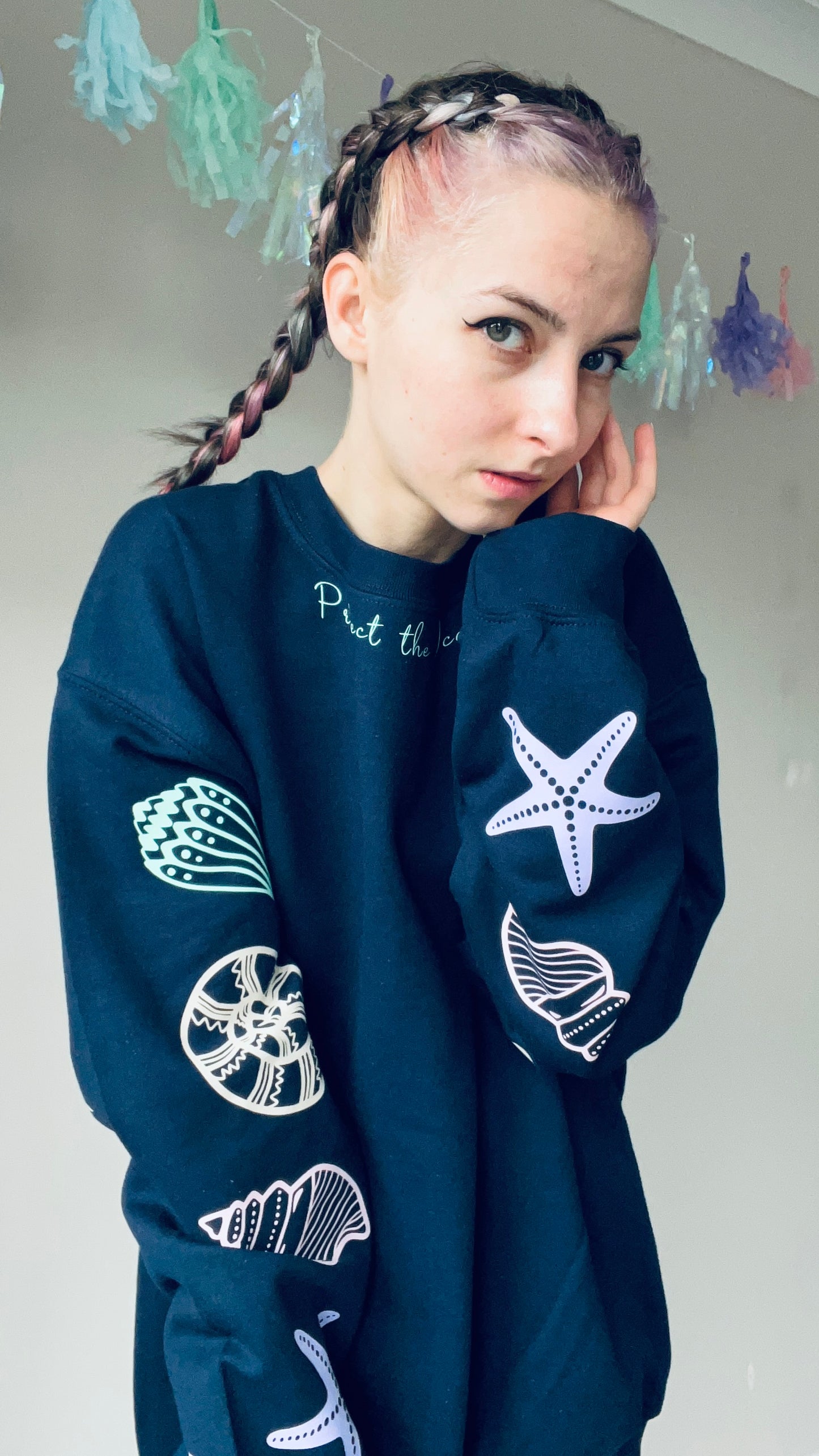 "Protect the Ocean" Shell Sleeves Navy Sweatshirt