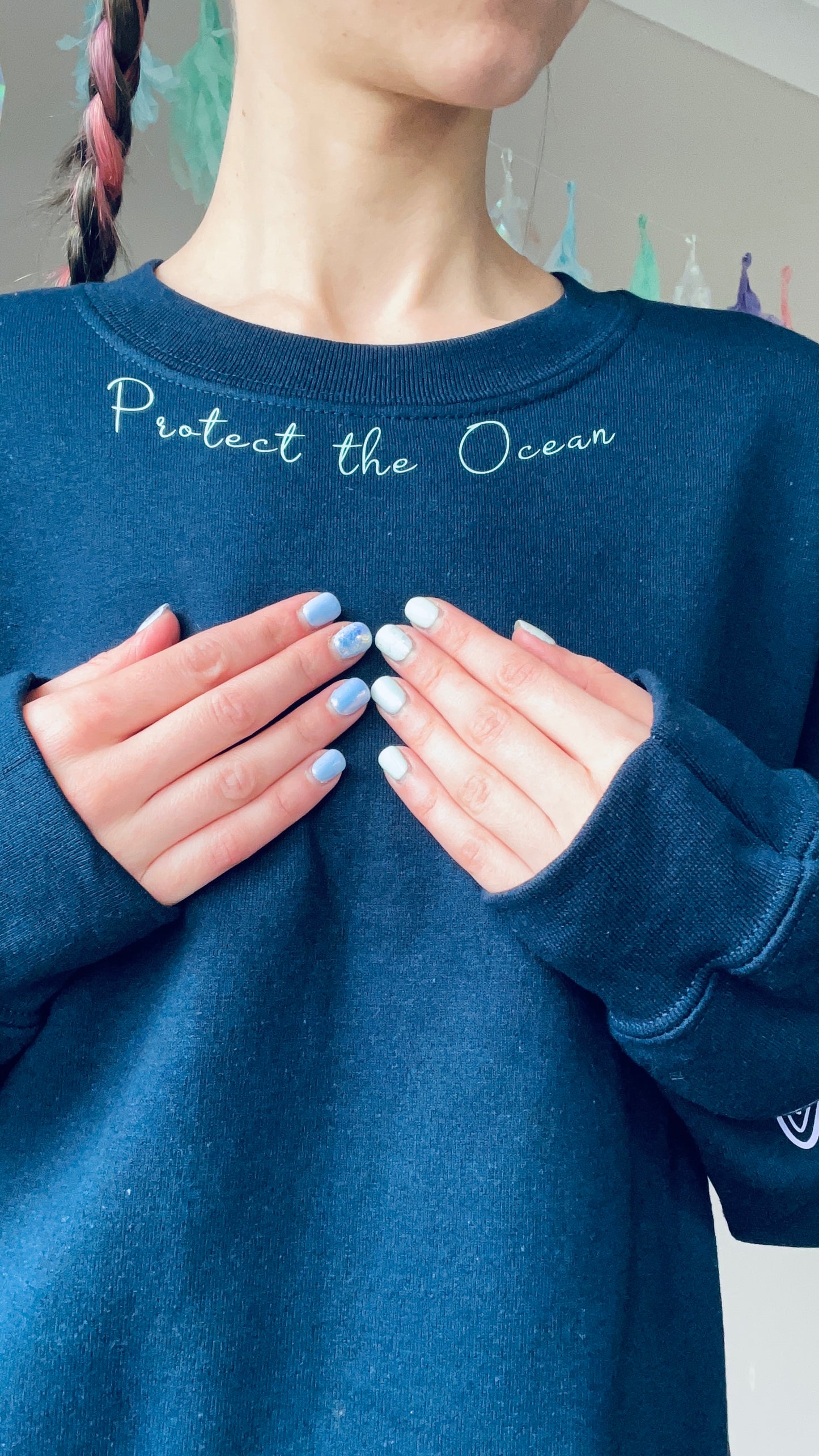 "Protect the Ocean" Shell Sleeves Navy Sweatshirt